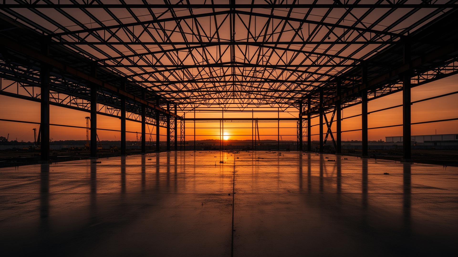 Commercial concrete construction site at sunset